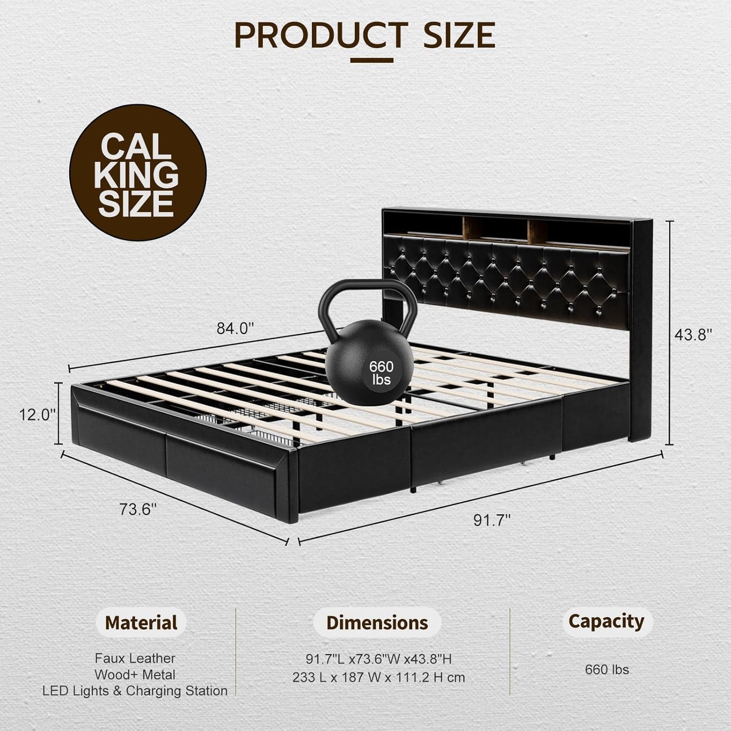 LED Bed Frame with 4 Storage Drawers, Hidden Storage Headboard with Charging Station No Box Spring