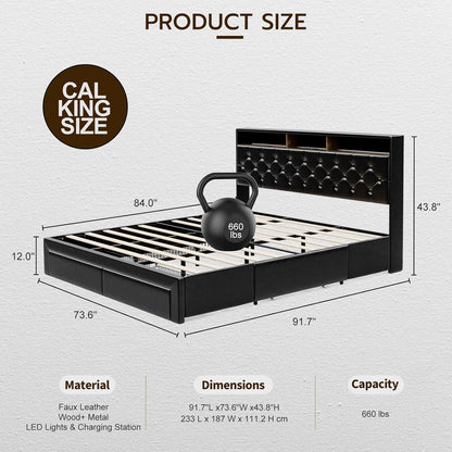 LED Bed Frame with 4 Storage Drawers, Hidden Storage Headboard with Charging Station No Box Spring