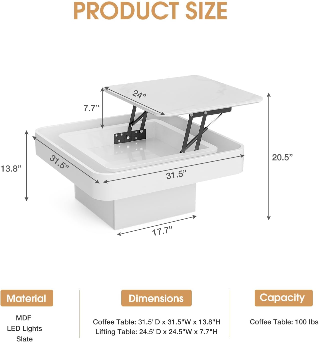 Lift Top Coffee Table, Slate Desktop Square Coffee Table with 16 Colors LED Lights