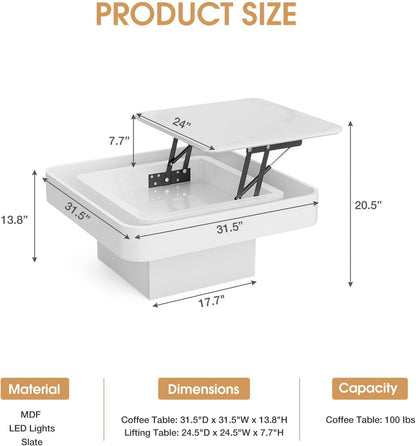 Lift Top Coffee Table, Slate Desktop Square Coffee Table with 16 Colors LED Lights