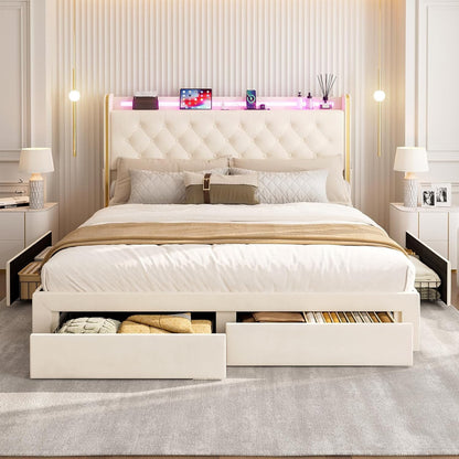 ARICOEASY Bed Frames with 3 Drawer Storage, Velvet Platform Bed with Button Tufted Headboard