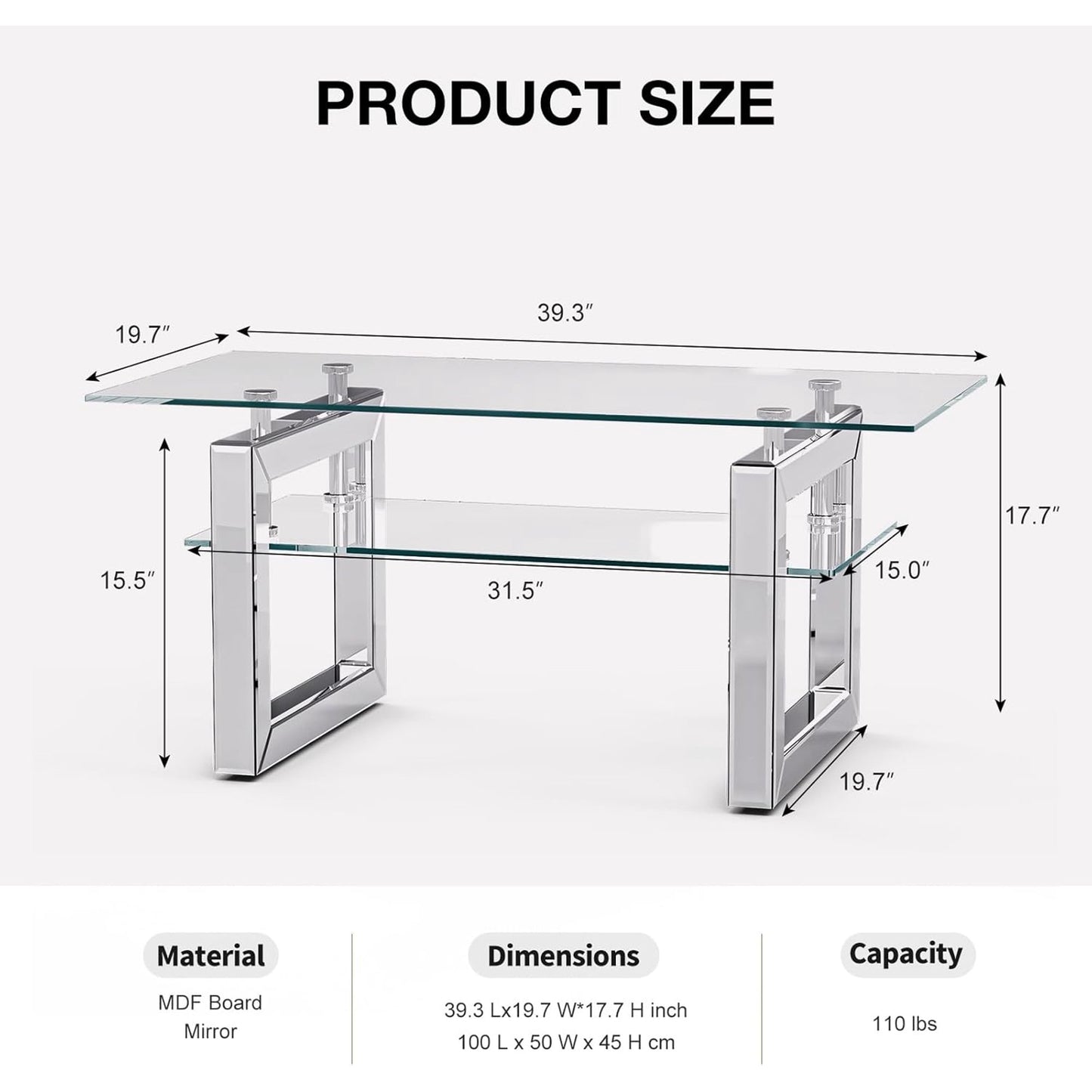 ARICOEASY Glass Coffee Table Modern Rectangle Tables with Tempered Glass Top and Sturdy Metal Legs for Living Room