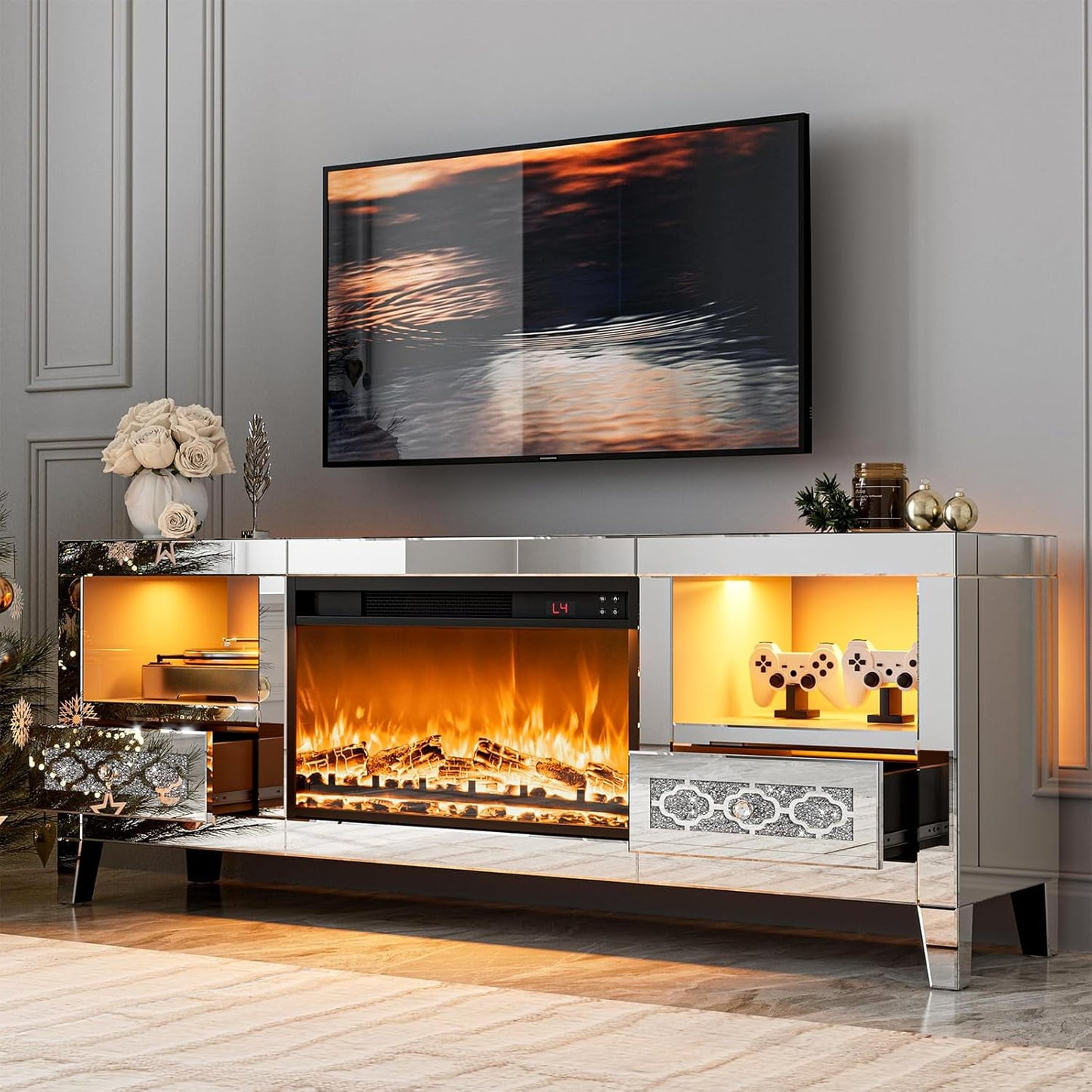 ARICOEASY Mirrored TV Stand with Smart Electric Fireplace and RGB Ambience Light