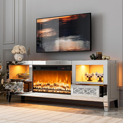ARICOEASY Mirrored TV Stand with Smart Electric Fireplace and RGB Ambience Light