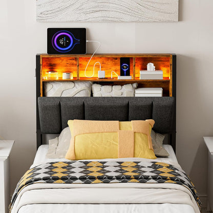 ARICOEASY Hidden Storage Headboard Twin Size with Charging Station, Ergonomic Upholstered Twin XL Headboard Only with LED Lights, 2 Outlets & 2 USB Ports, Attach Frame, Easy Assembly