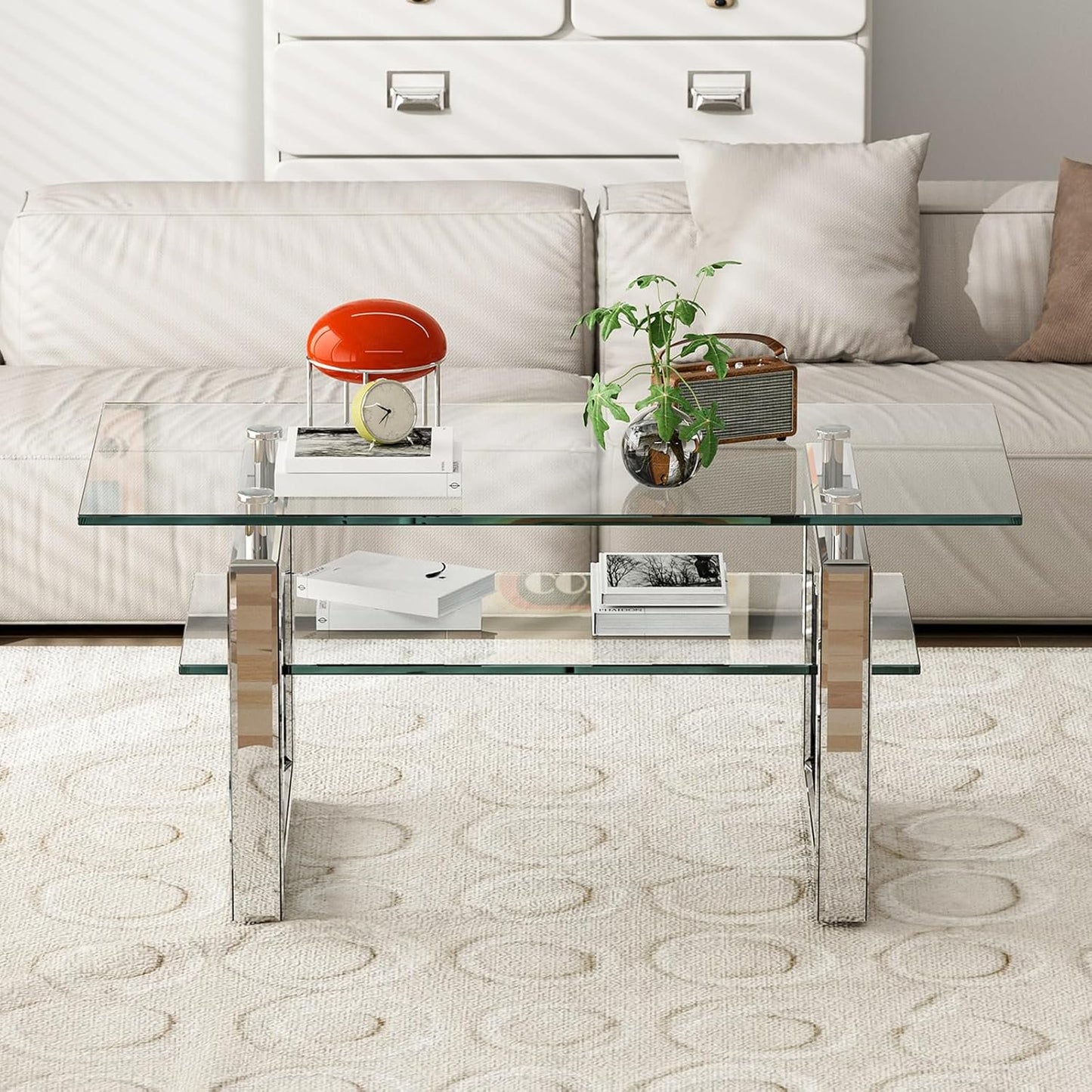 ARICOEASY Glass Coffee Table Modern Rectangle Tables with Tempered Glass Top and Sturdy Metal Legs for Living Room