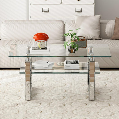 ARICOEASY Glass Coffee Table Modern Rectangle Tables with Tempered Glass Top and Sturdy Metal Legs for Living Room