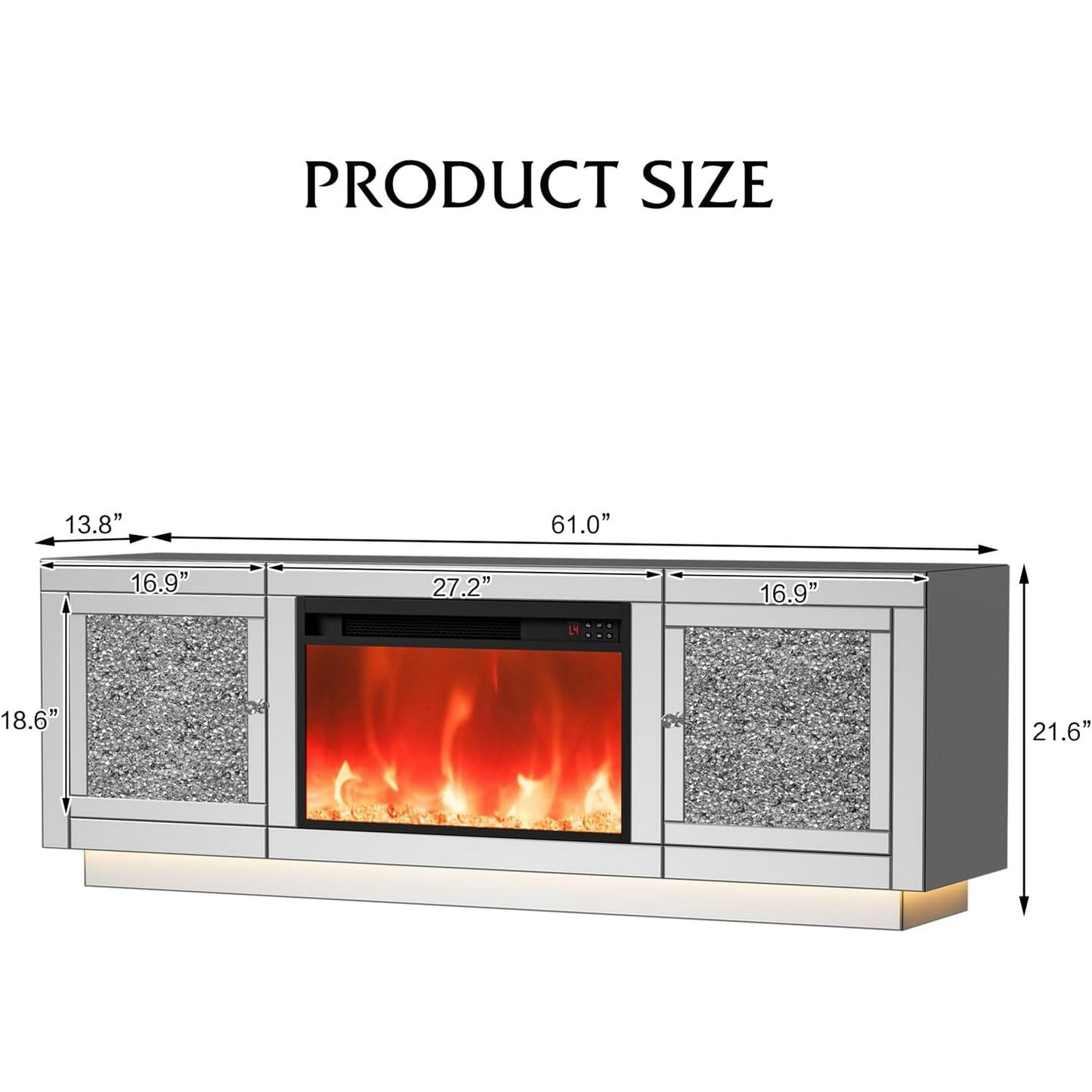 ARICOEASY Mirrored Fireplace TV Stand for 65+ Inch TV, Crushed Diamond Silver Media Entertainment Center with RGB LED Light