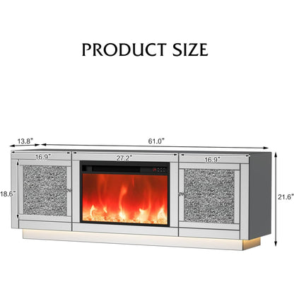 ARICOEASY Mirrored Fireplace TV Stand for 65+ Inch TV, Crushed Diamond Silver Media Entertainment Center with RGB LED Light