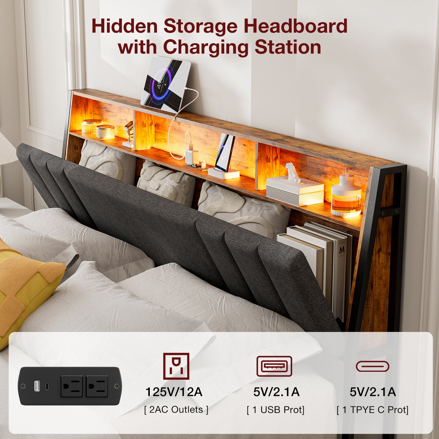 LED Bed Frames with Storage Drawers, Storage Upholstered headboard with Charging Station