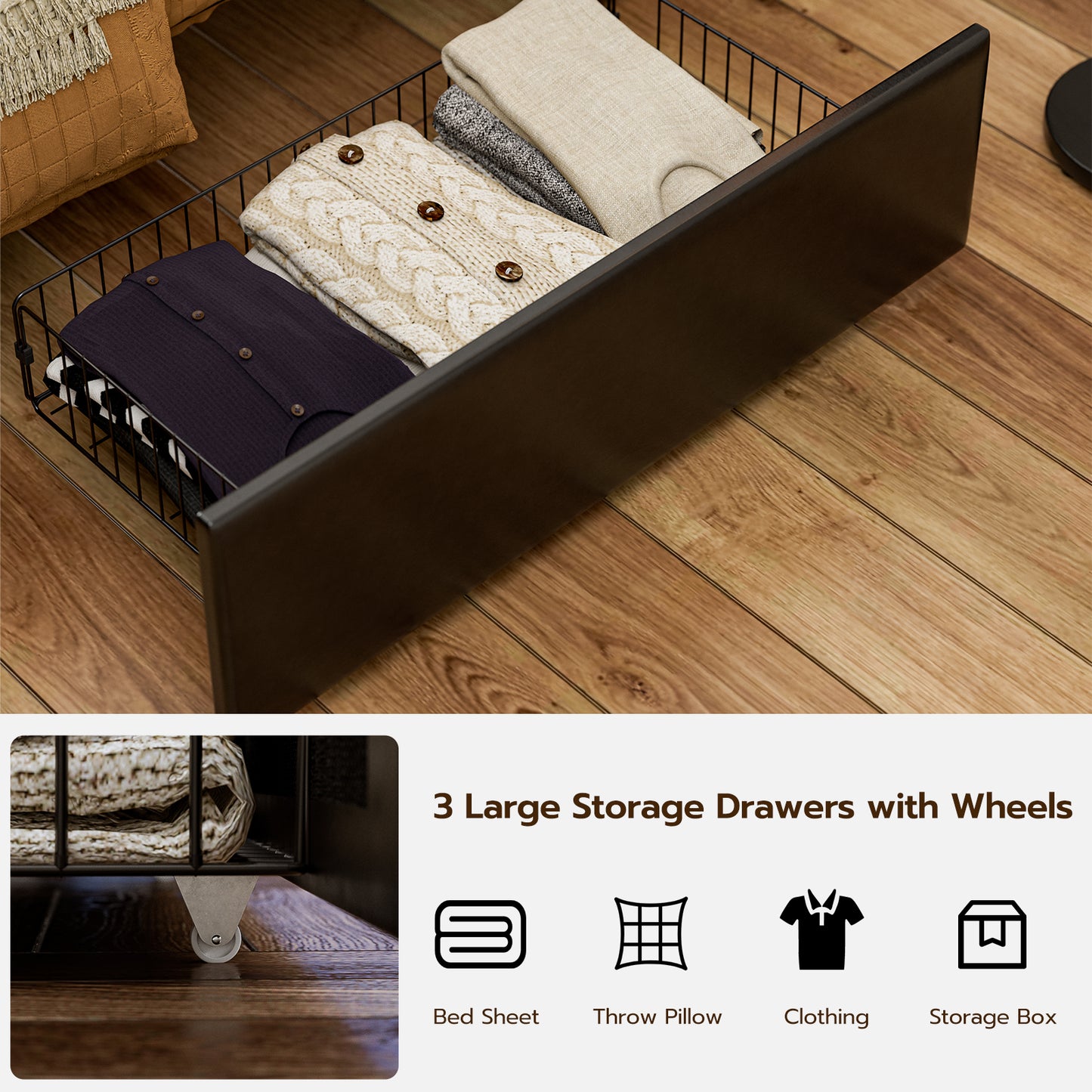 Twin XL Bed Frames with Hidden Storage Headboard & 3 Drawers & LED Lights & Charging Station
