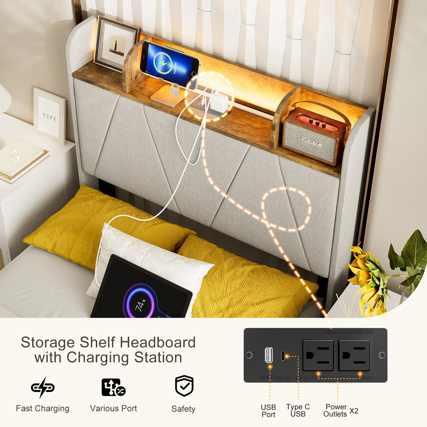 LED Bed Frame with Charging Station & Storage Shelf Upholstered Headboard,No Box Spring Needed