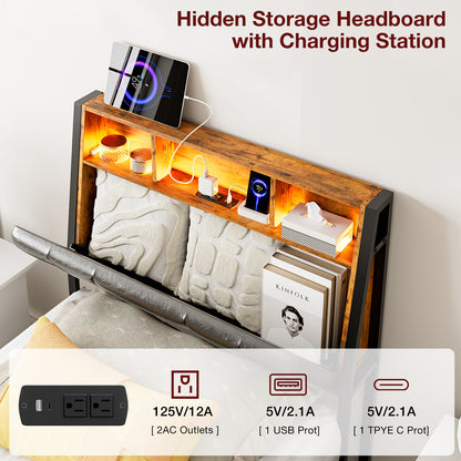 Headboard with Charging Station, LED Lights and Hidden Storage