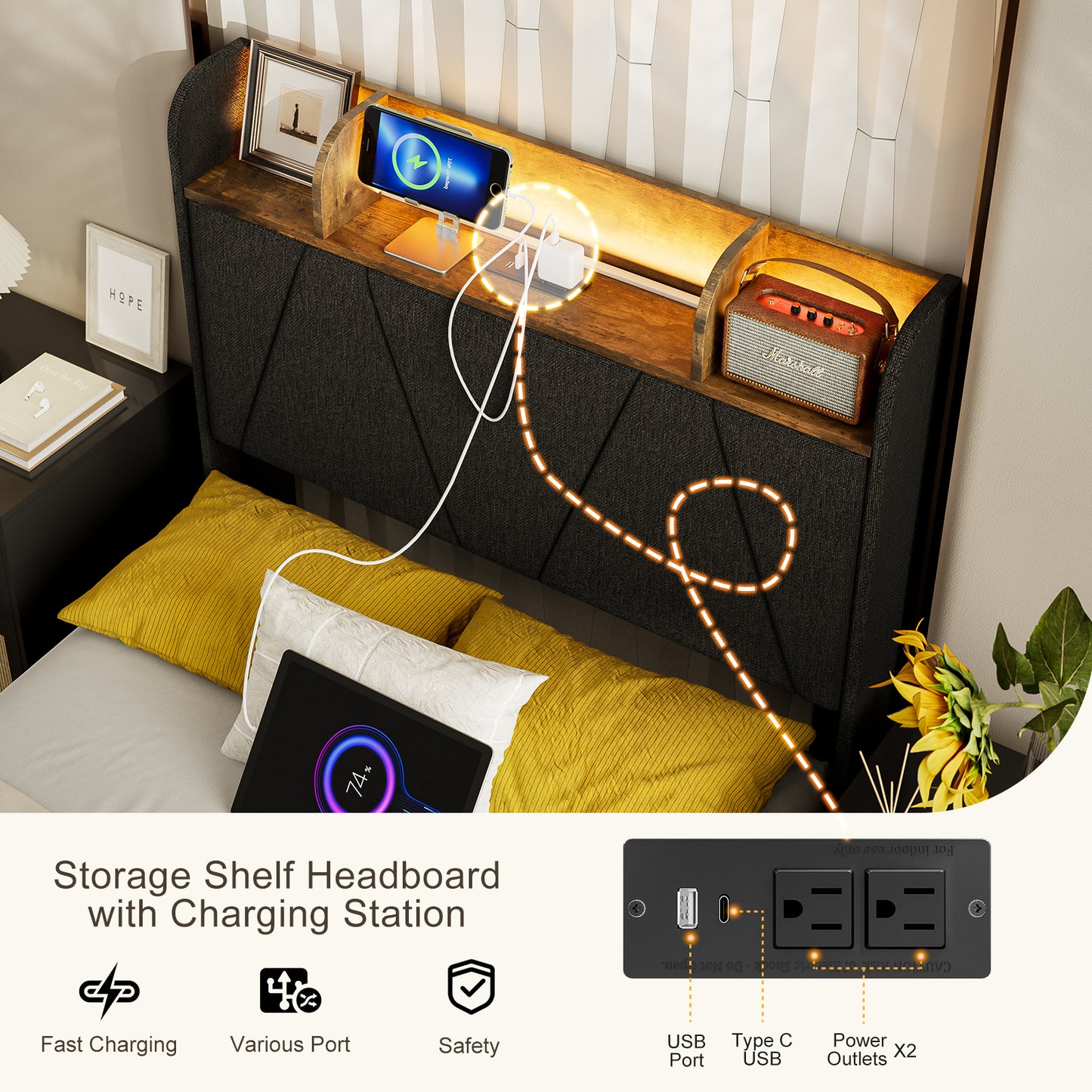 LED Bed Frame with Charging Station & Storage Shelf Upholstered Headboard,No Box Spring Needed