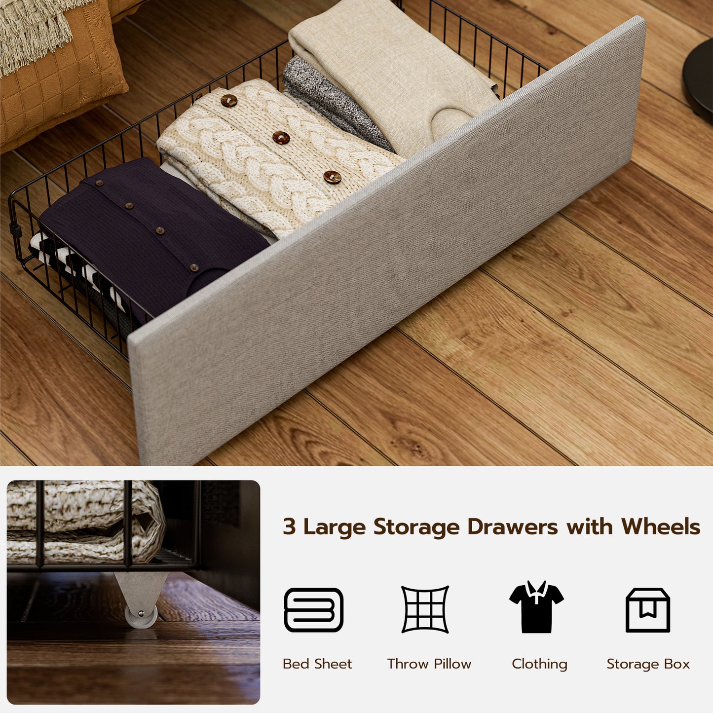 Twin XL Bed Frames with Hidden Storage Headboard & 3 Drawers & LED Lights & Charging Station