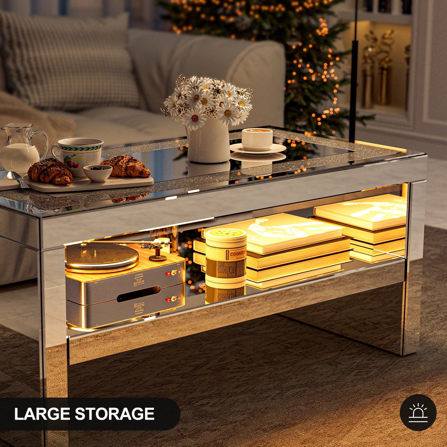 2 Tier Mirrored Glass Coffee Table with Led