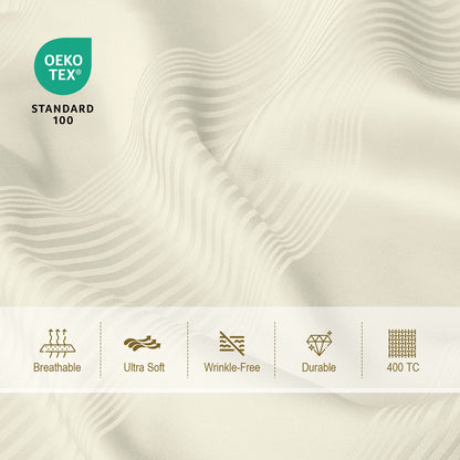 Bed Sheet Set-4 Piece 16” Deep Pocket, Striped Jacquard Ultra Soft Breathable Silky Bedding Sheets & Pillowcases-Beige