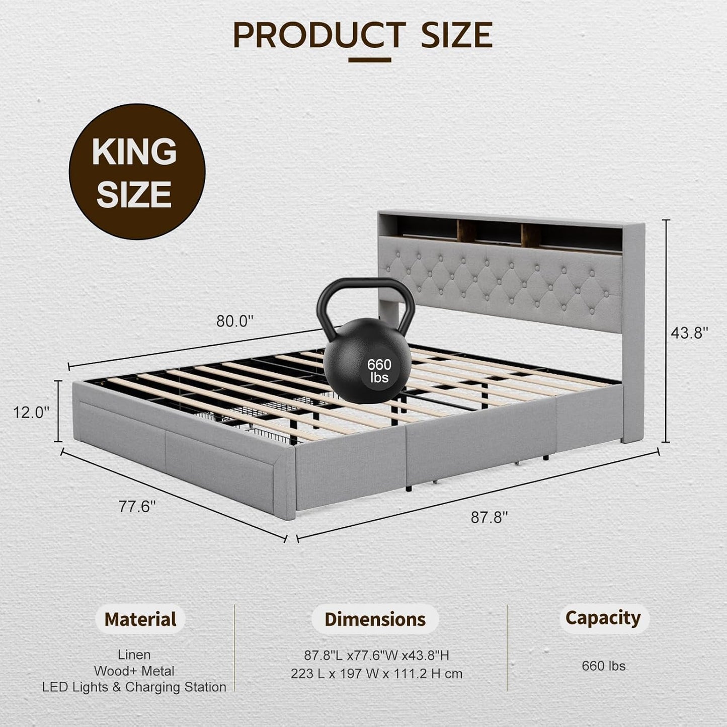 LED Bed Frame with 4 Storage Drawers, Hidden Storage Headboard with Charging Station No Box Spring