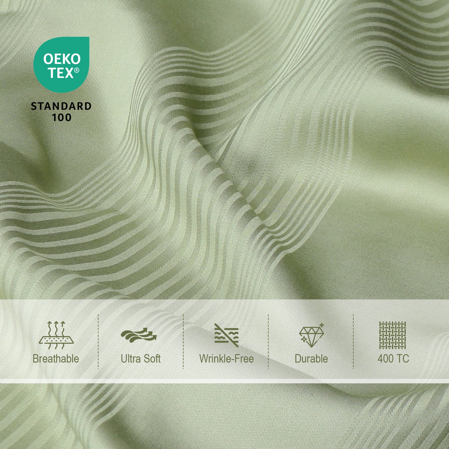 Bed Sheet Set-4 Piece 16” Deep Pocket, Striped Jacquard Ultra Soft Breathable Silky Bedding Sheets & Pillowcases-Green
