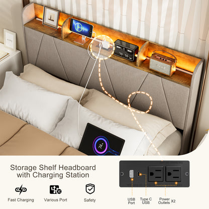 LED Bed Frame with Charging Station & Storage Shelf Upholstered Headboard,No Box Spring Needed
