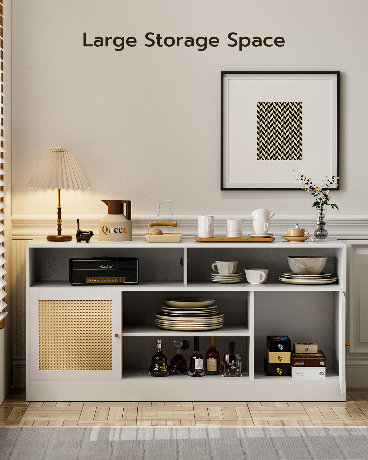 LED Rattan TV Stand for 65 Inch TV, Multifunctional Cabinet with 2 Natural Rattan Doors and LED Lights
