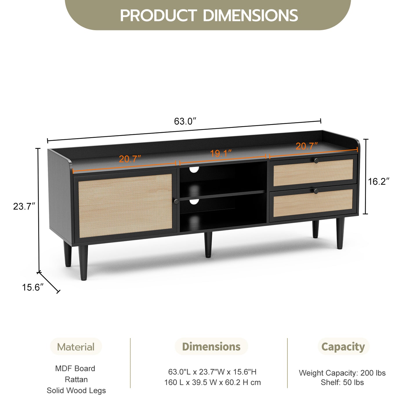 Rattan TV Stand 75 Inch TV with 2 Natural Rattan Drawers