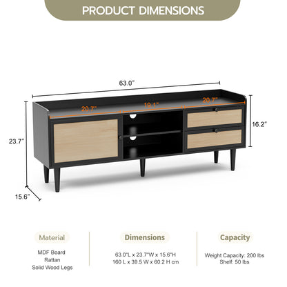Rattan TV Stand 75 Inch TV with 2 Natural Rattan Drawers