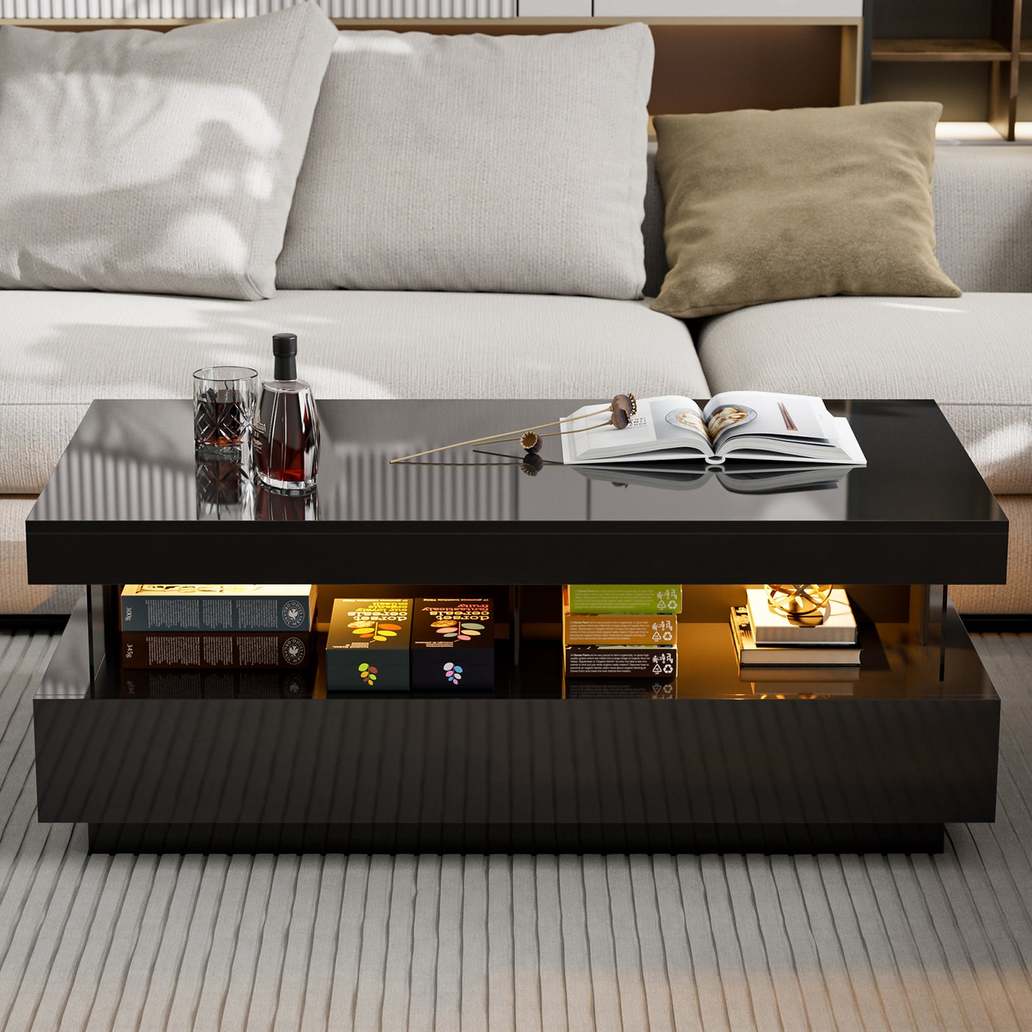LED Coffee Table with Open Space 2 Storage Drawers 16 Colors LED Lights