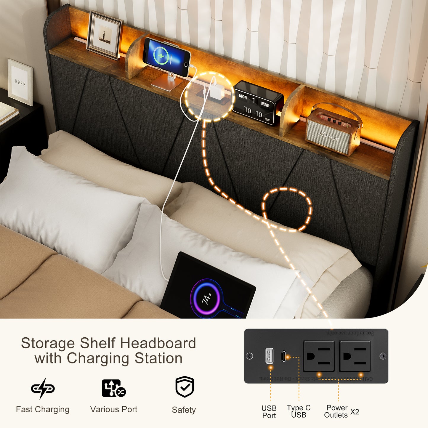 LED Bed Frame with Charging Station & Storage Shelf Upholstered Headboard,No Box Spring Needed
