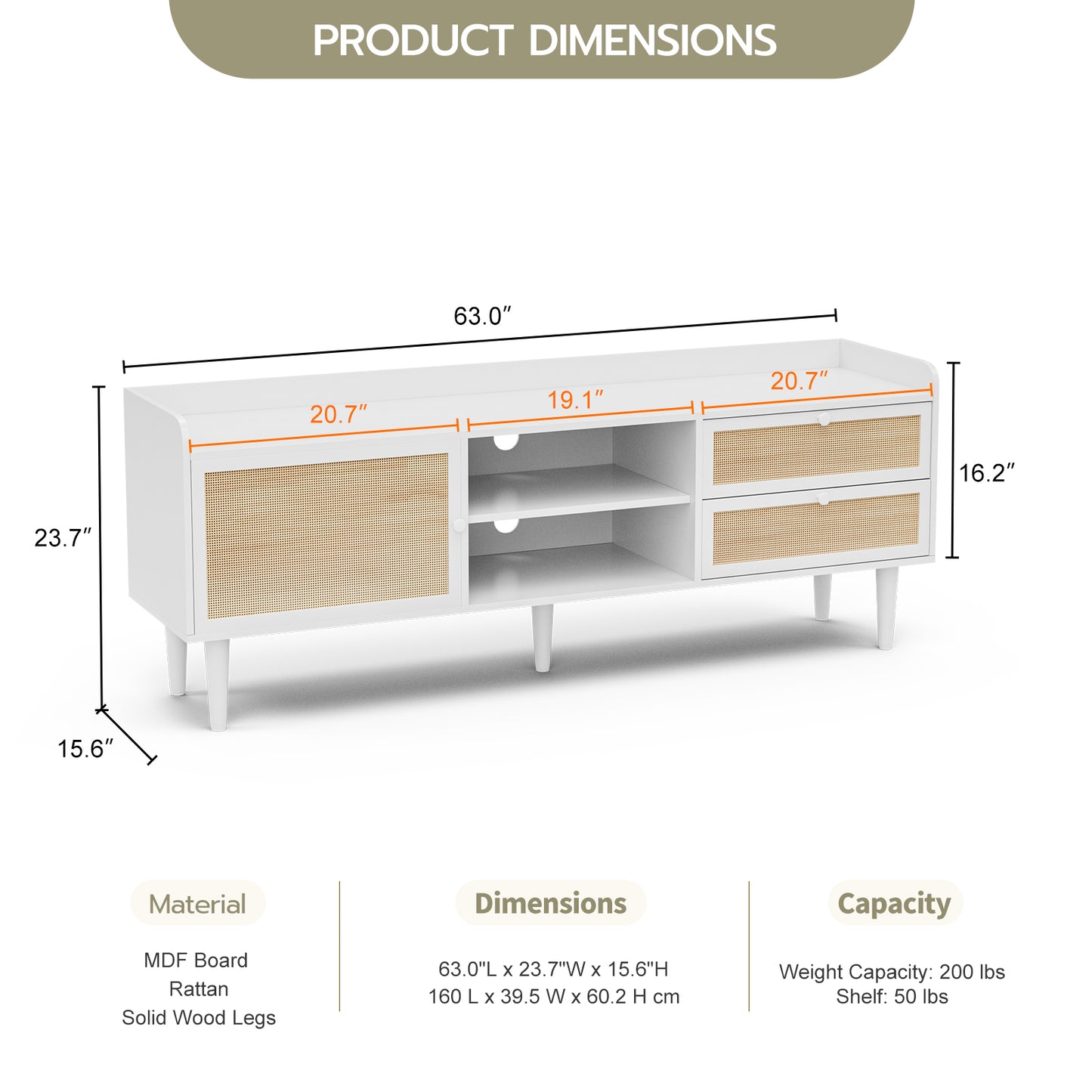 Rattan TV Stand 75 Inch TV with 2 Natural Rattan Drawers