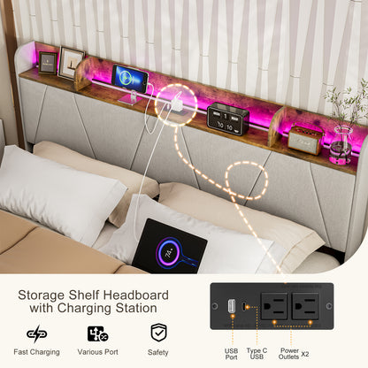 LED Bed Frame with Charging Station & Storage Shelf Upholstered Headboard,No Box Spring Needed