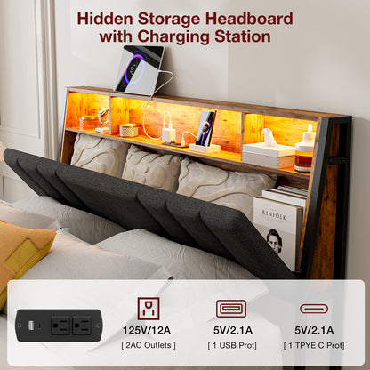 LED Bed Frames with Storage Drawers, Storage Upholstered headboard with Charging Station