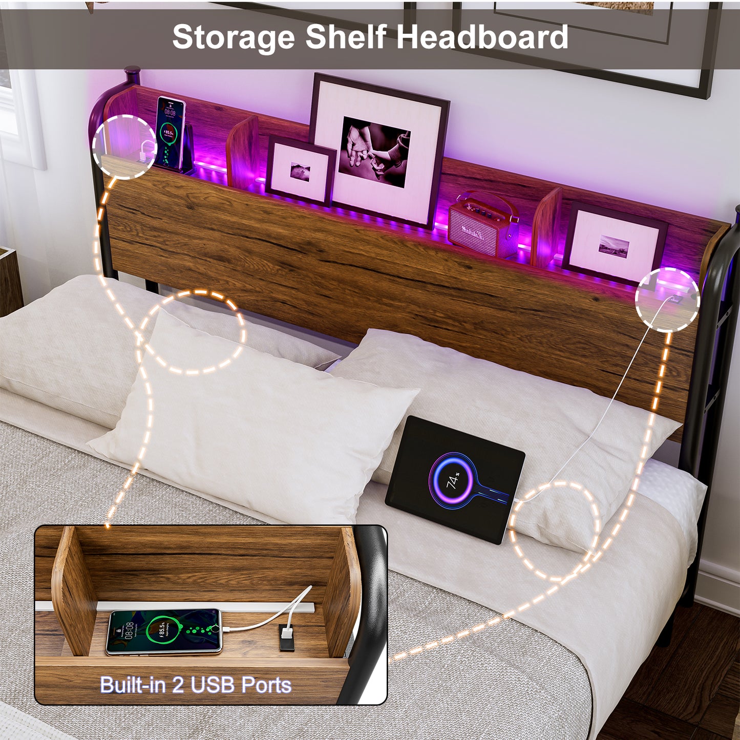 LED Bed Frame with Storage Shelf Headboard & Charging Station with Strong Steel Slats No Box Spring