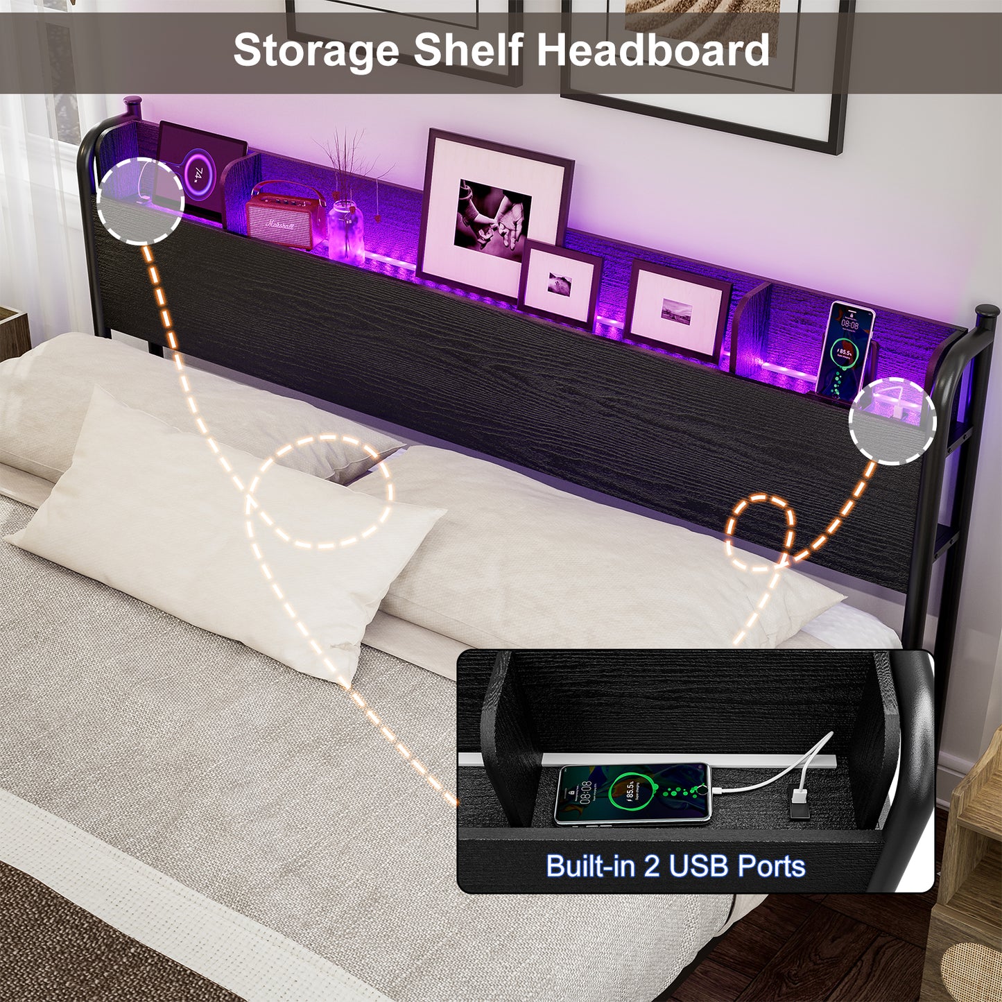 LED Bed Frame with Storage Shelf Headboard & Charging Station with Strong Steel Slats No Box Spring