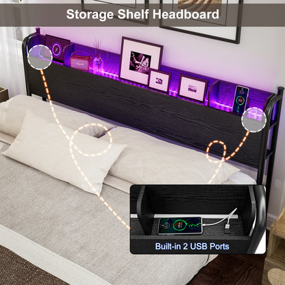 LED Bed Frame with Storage Shelf Headboard & Charging Station with Strong Steel Slats No Box Spring