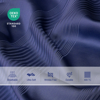 Bed Sheet Set-4 Piece 16” Deep Pocket, Striped Jacquard Ultra Soft Breathable Silky Bedding Sheets & Pillowcases-Dark Blue