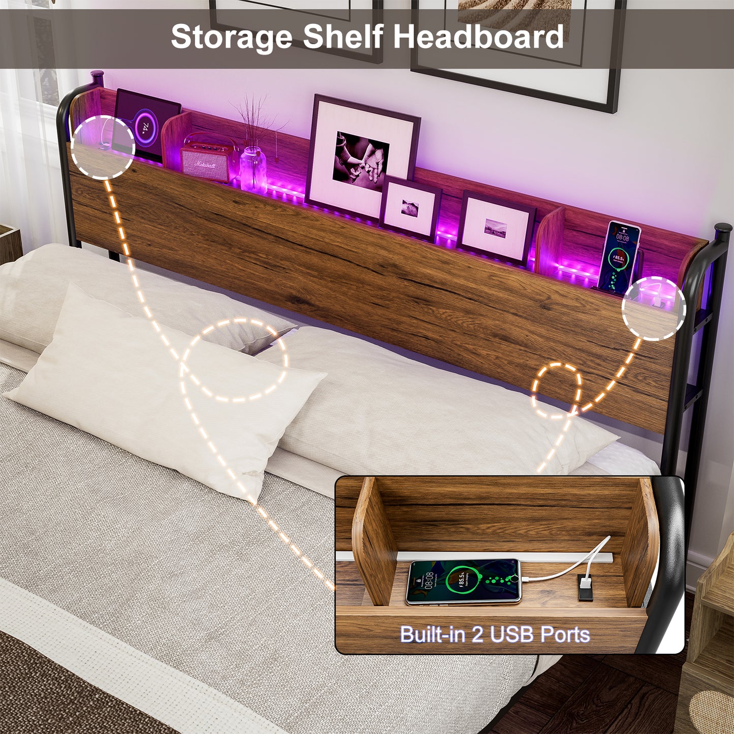 LED Bed Frame with Storage Shelf Headboard & Charging Station with Strong Steel Slats No Box Spring