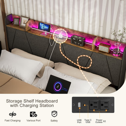 LED Bed Frame with Charging Station & Storage Shelf Upholstered Headboard,No Box Spring Needed
