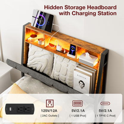 LED Bed Frames with Storage Drawers, Storage Upholstered headboard with Charging Station