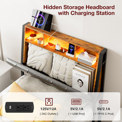 LED Bed Frames with Storage Drawers, Storage Upholstered headboard with Charging Station