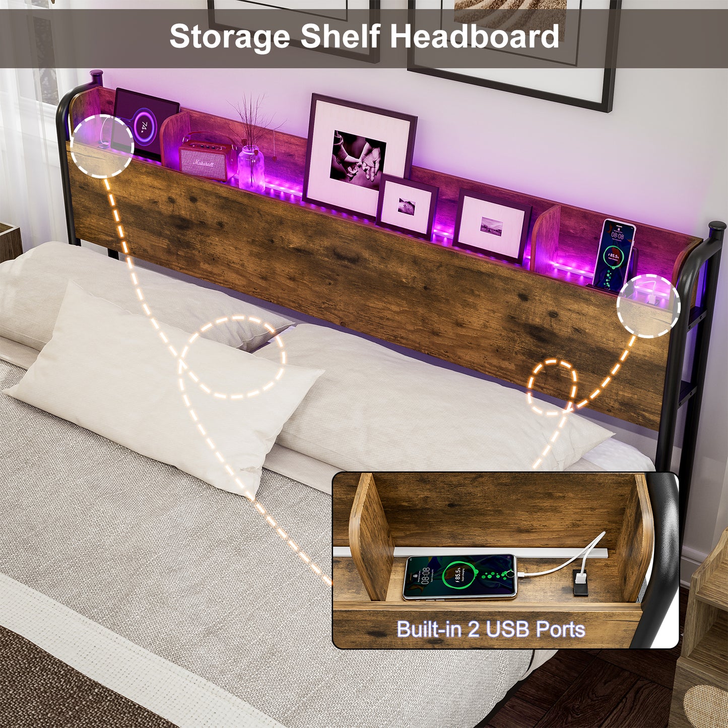 LED Bed Frame with Storage Shelf Headboard & Charging Station with Strong Steel Slats No Box Spring