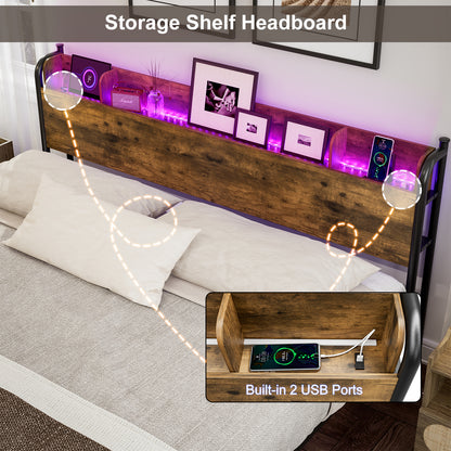 LED Bed Frame with Storage Shelf Headboard & Charging Station with Strong Steel Slats No Box Spring