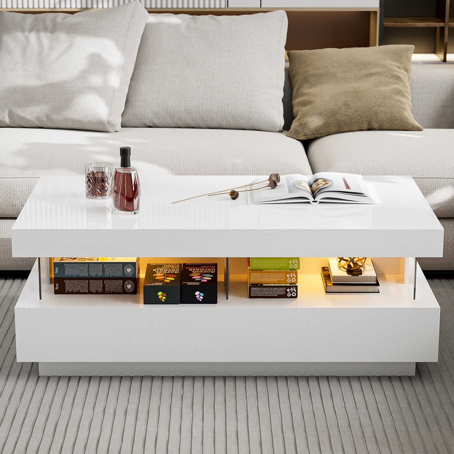 LED Coffee Table with Open Space 2 Storage Drawers 16 Colors LED Lights