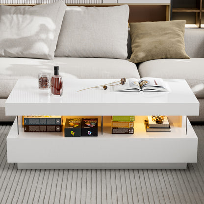 LED Coffee Table with Open Space 2 Storage Drawers 16 Colors LED Lights