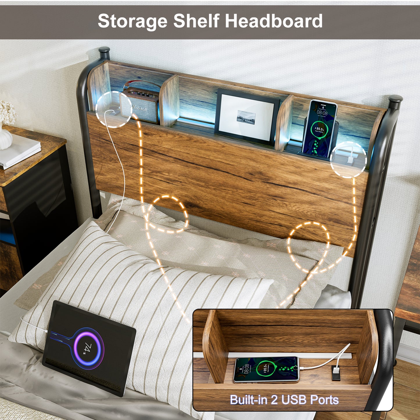 LED Bed Frame with Storage Shelf Headboard & Charging Station with Strong Steel Slats No Box Spring