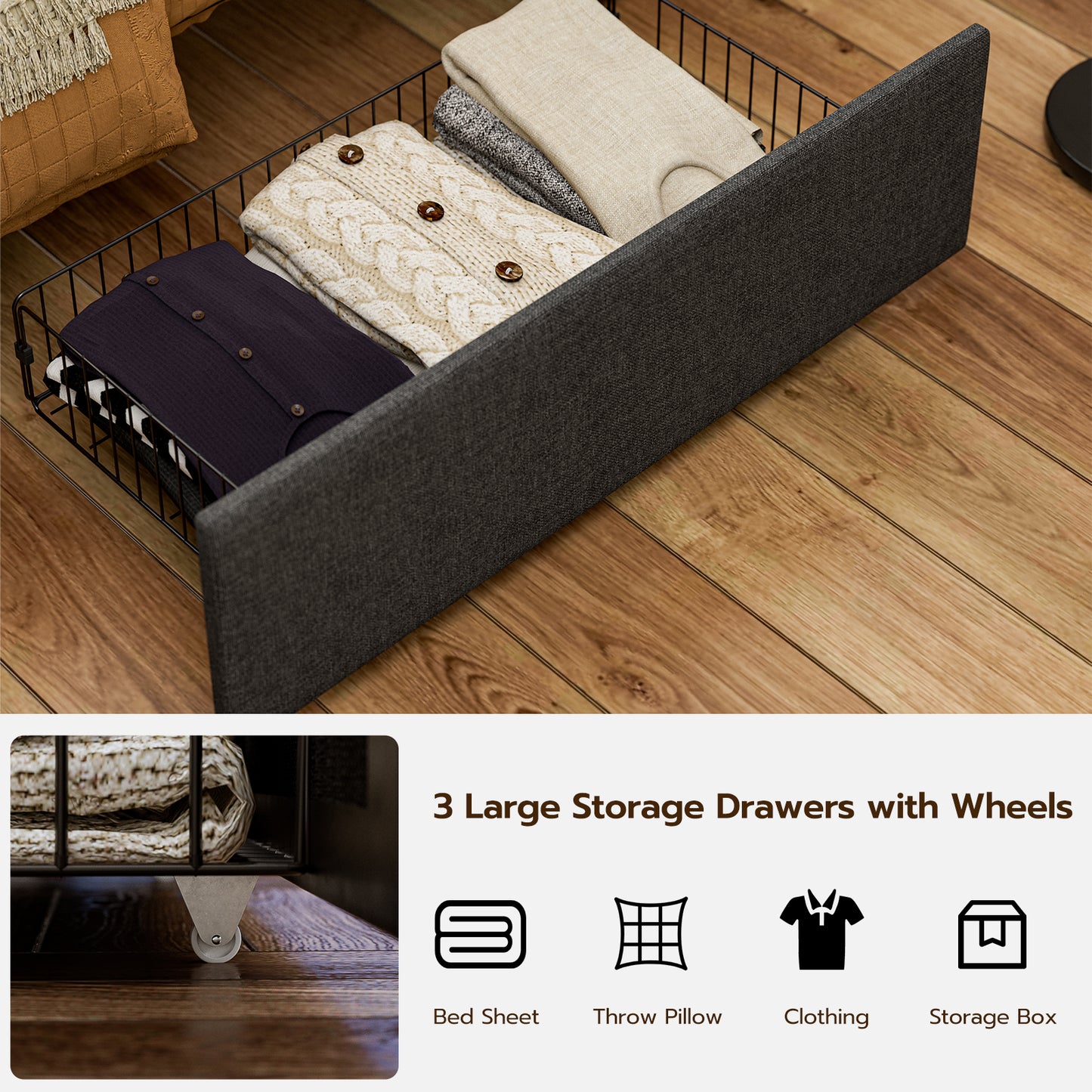 Twin XL Bed Frames with Hidden Storage Headboard & 3 Drawers & LED Lights & Charging Station