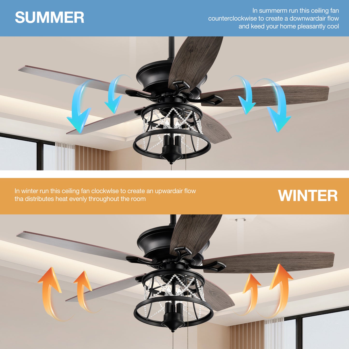 Ceiling Fans 52 Inch Industrial Style Indoor Ceiling Fan with Pull-cord Control