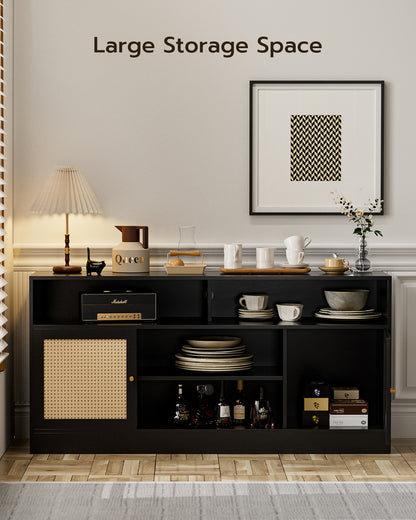 LED Rattan TV Stand for 65 Inch TV, Multifunctional Cabinet with 2 Natural Rattan Doors and LED Lights