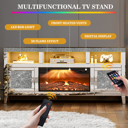 Mirrored Fireplace TV Stand for 65+ inch, Silver Console Table with Crushed Diamond and LED