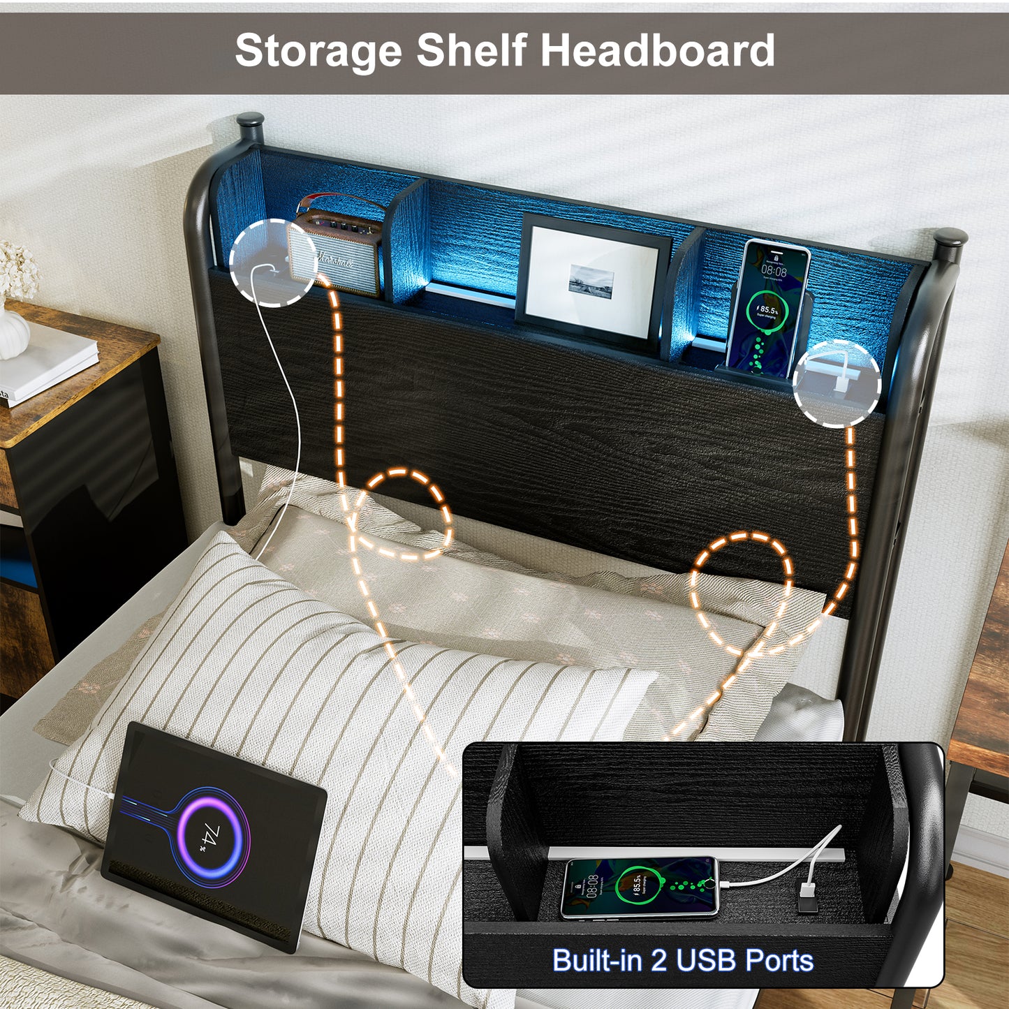 LED Bed Frame with Storage Shelf Headboard & Charging Station with Strong Steel Slats No Box Spring